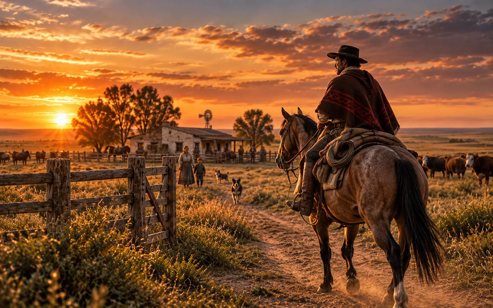 Recreación digital del regreso de un gaucho a su hogar